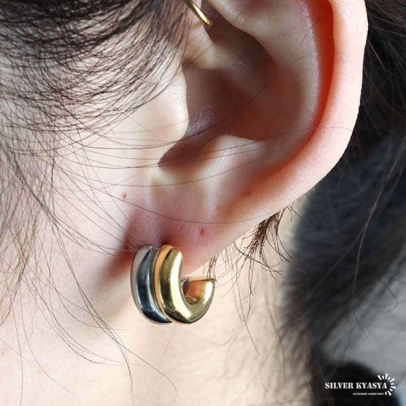 ステンレス フープピアス コンビカラー ぷっくり メタルピアス 