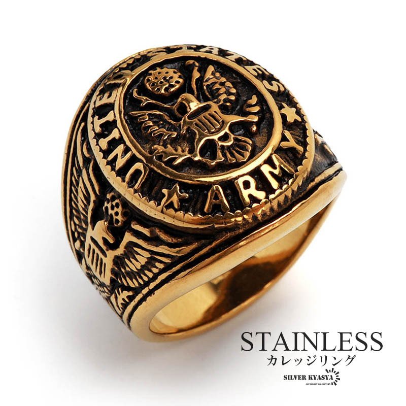 ステンレス カレッジリング ゴールド gold 燻し風加工 イーグル ワイド