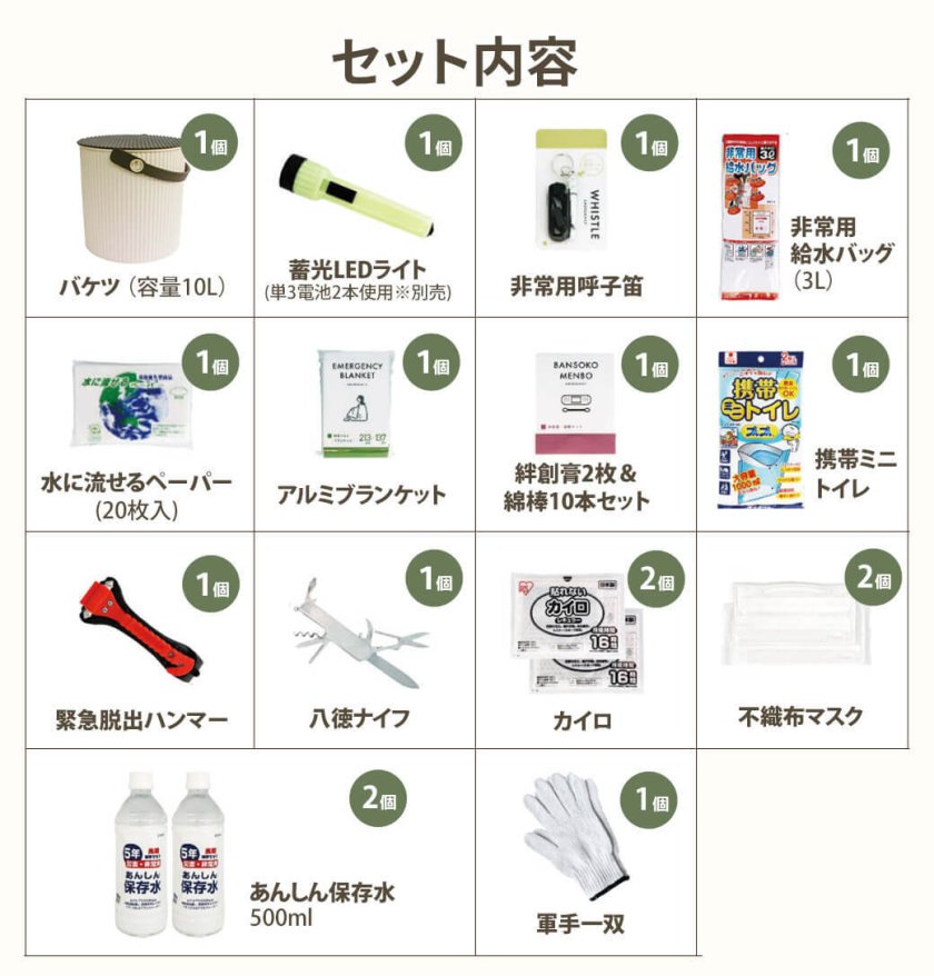 車載用座れる防災バケツ17点セット(アイボリー)｜ 災害用 備蓄 防災