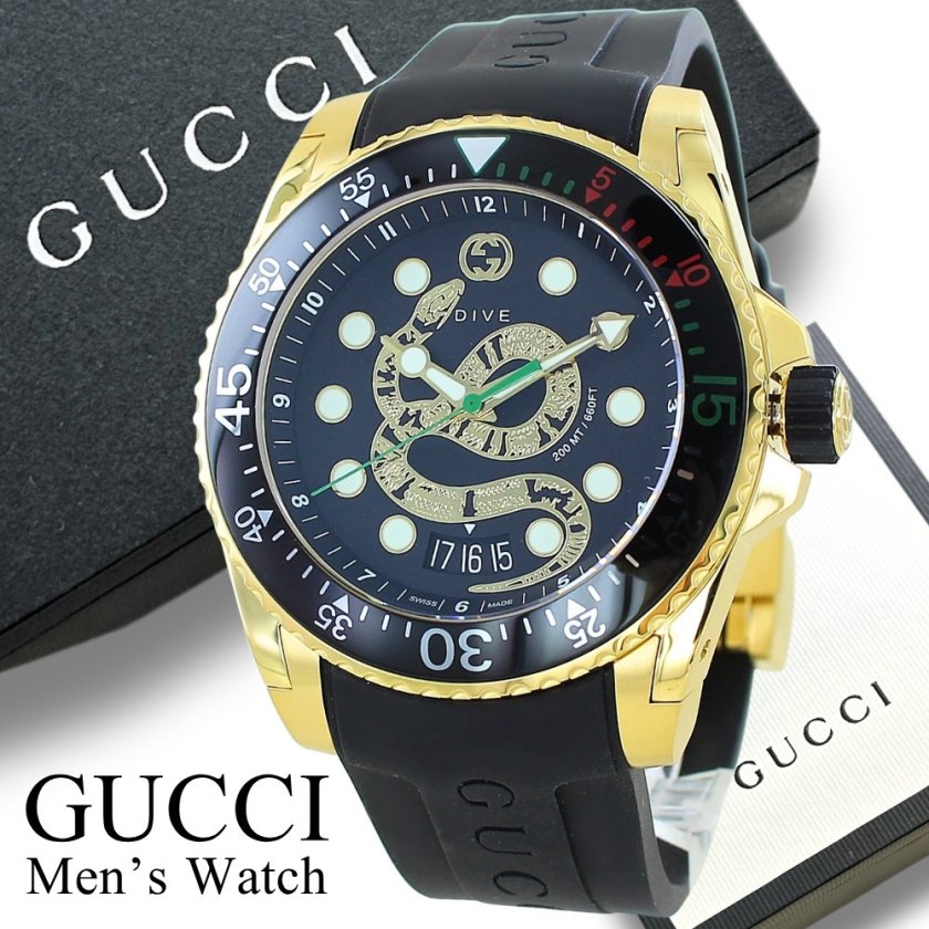 GUCCI グッチ 時計 蛇柄 グッチ 腕時計 メンズ ダイブ スネーク 蛇 ヘビ ブラック ゴールド