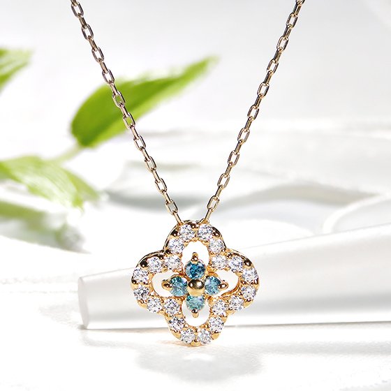 ネックレス K18YG ダイヤモンド【0.40ct】 ブルーダイヤ クローバー