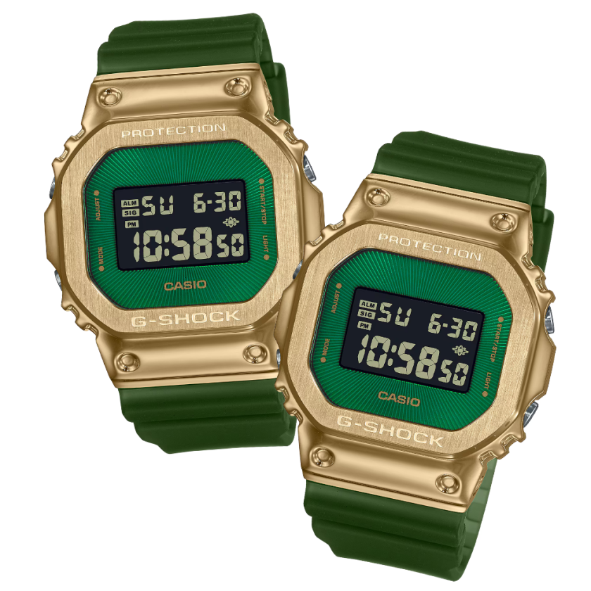 G-SHOCKメーカー完売グリーン&ゴールド金属ベゼル＆スケルトン腕時計デジタル ジーショック ペアウォッチ ペア腕時計 ゴールド グリーン スクエア
