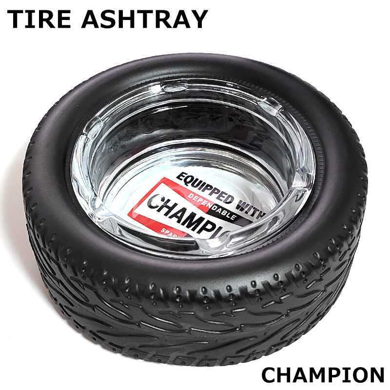 卓上灰皿 ガラス製 CHAMPION タイヤ アッシュトレイ かっこいい