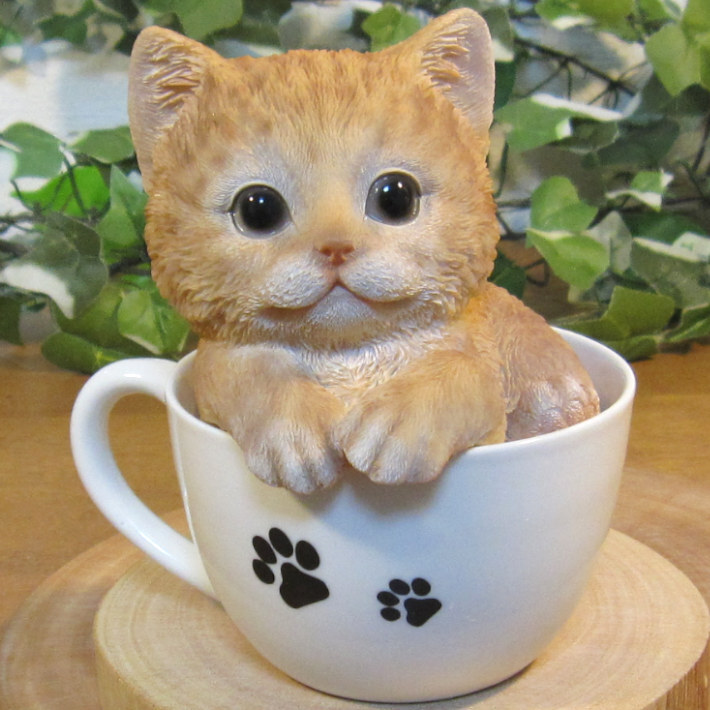 猫 置物 リアル ティーカップキャット チャトラ ネコ 動物オブジェ