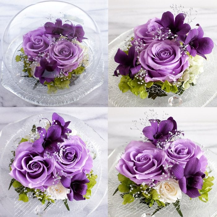 プリザーブドフラワーガラスドーム ハート紫 紫の薔薇・パープルメモリードーム・ガラスドームアレンジ 誕生日