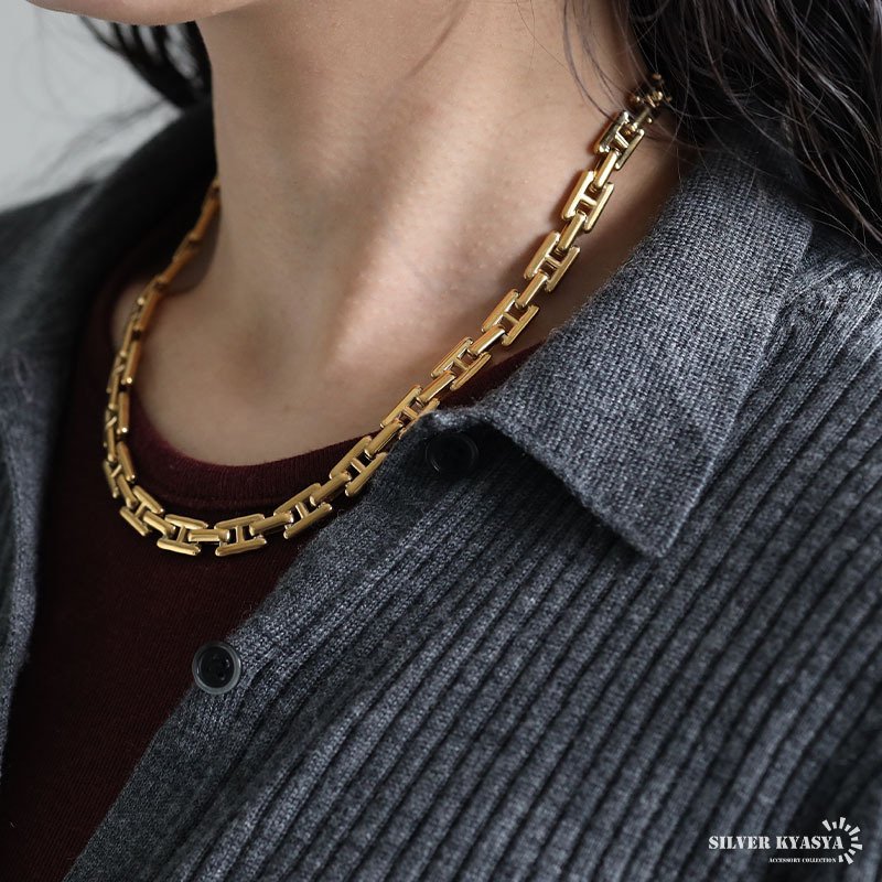 ステンレス スクエアチェーンネックレス H型 メタル ゴールド 18K GP 