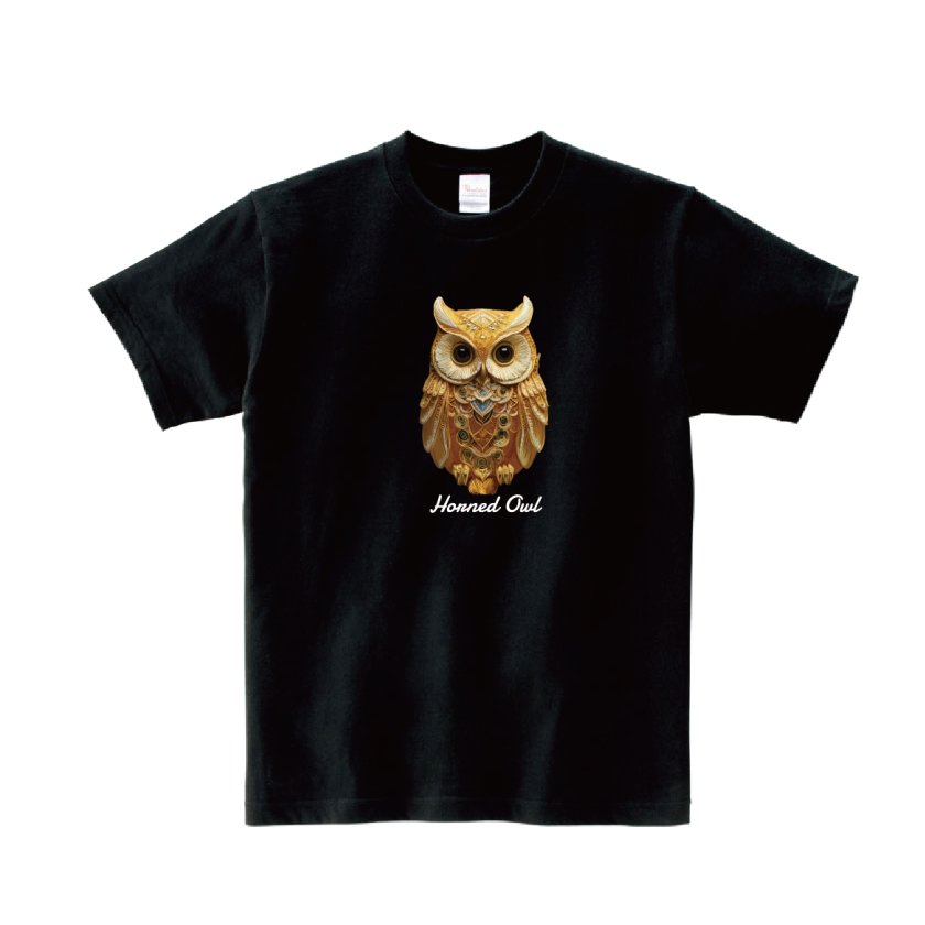 Tシャツ 半袖 】030 ミミズク みみずく フクロウ ふくろう Owl 金色 