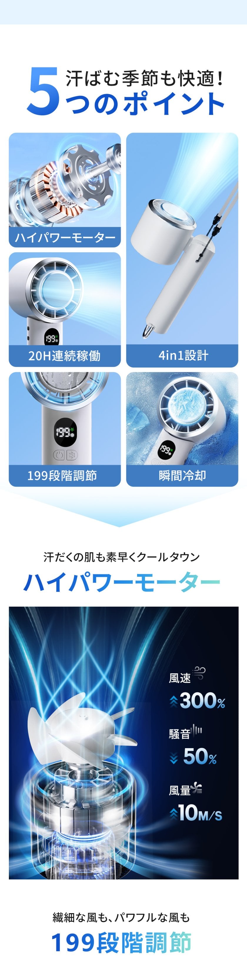199段階風量調節 ハンディファン 4WAYデザイン 折りたたみ -26度 瞬間