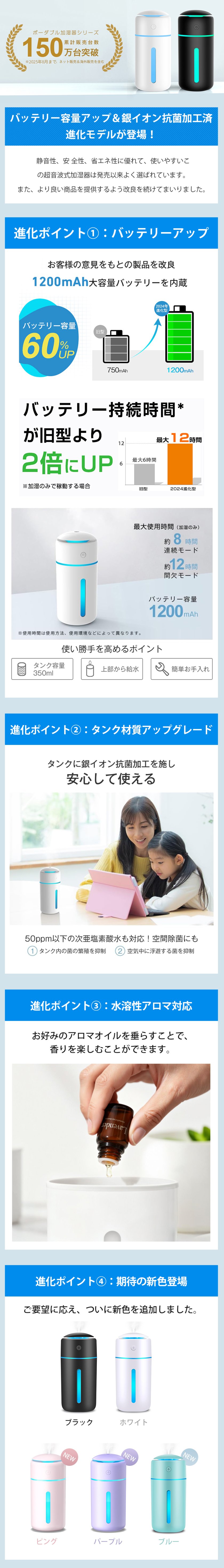 加湿器 卓上 小型 【2026新設計・新色登場】 350ml 卓上加湿器 除菌 7