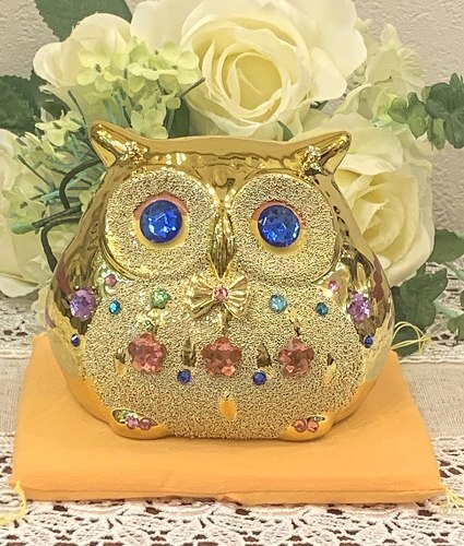 フクロウ　ゴールド　オブジェ　ふくろう　梟　置物　金運　運勢　運気　飾り物　装飾 人気のフクロウ】デコふくろう貯金箱（ゴールド）Lサイズ【金運アップ