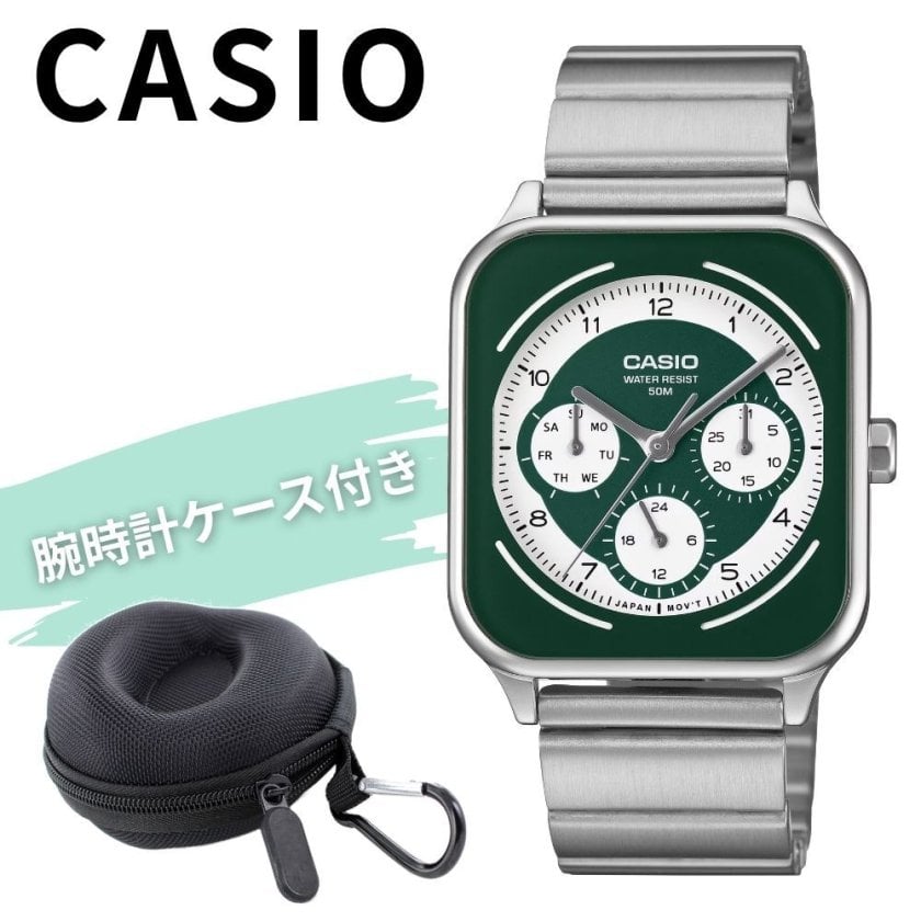 カシオ 腕時計 メンズ スクエア グリーン シルバー メタル 多針 日付
