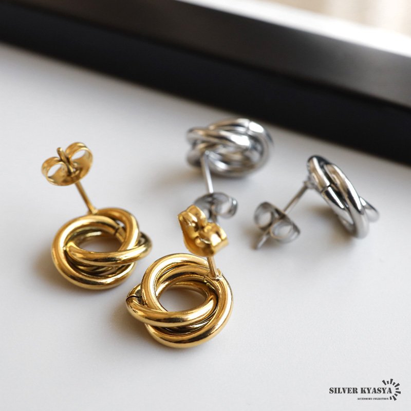 ステンレス トリプルリング ツイストリング 3連リング スタッドピアス 