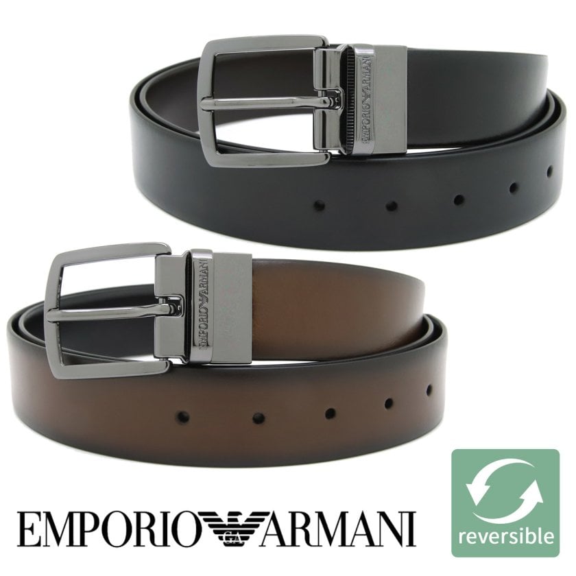 美品 EMPORIO ARMANI リバーシブル レザー ベルト ブラック 茶色 エンポリオアルマーニ メンズベルト リバーシブル レザー 回転式