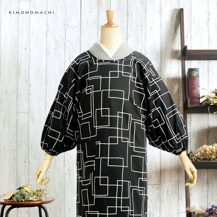 割烹着 ハンドメイド 【日本製 綿100% ロング丈 ブラックウォッチ 】 ロング丈 割烹着「黒地 スクエア」実用的 日本製 オシャレ かわいい 綿