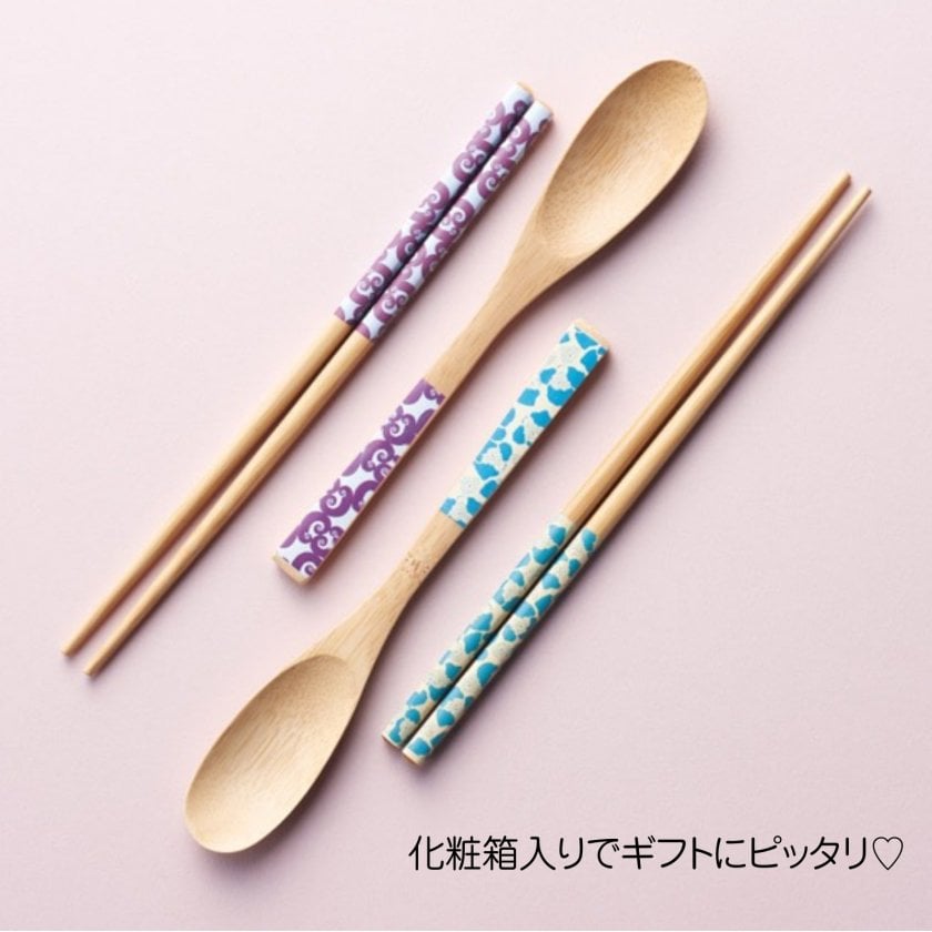 単品販売】伊砂文様 箸・スプーンセット 天然竹 化粧箱入り 和柄