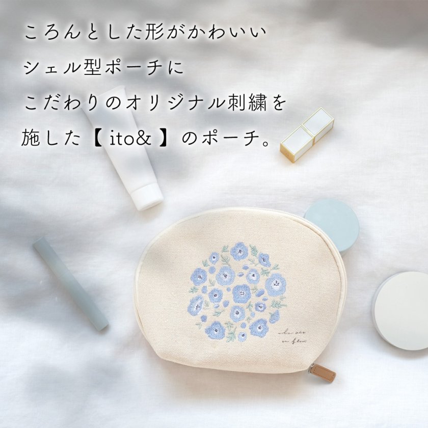 ito&】 ころんとした形がかわいい 刺繍シェルポーチ レディース 刺繍