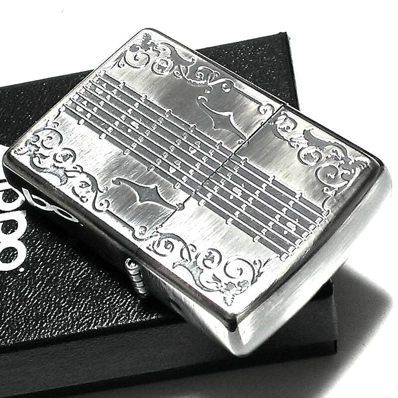 ZIPPO ライター アンテーク ギター ジッポ シルバーイブシ 天然木象嵌