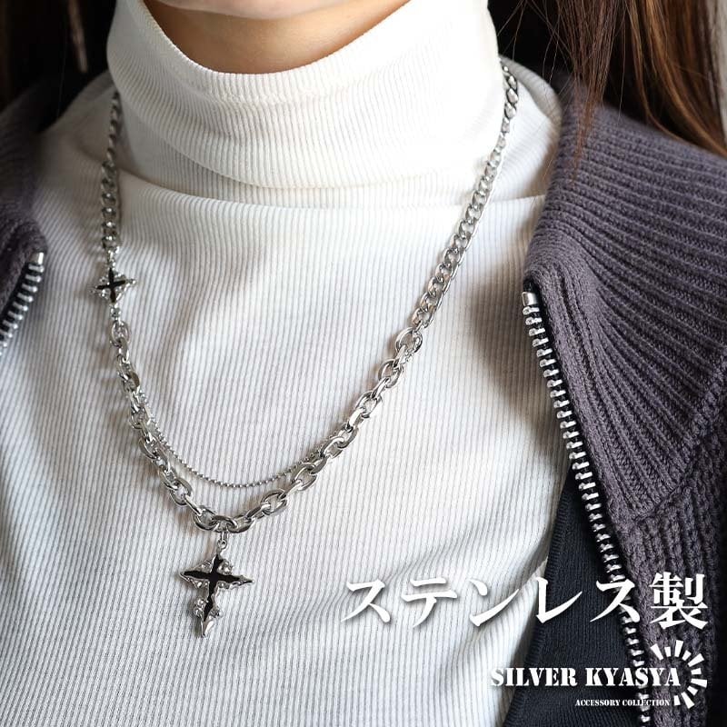 ステンレス 2連チェーンネックレス クロスネックレス チェーン