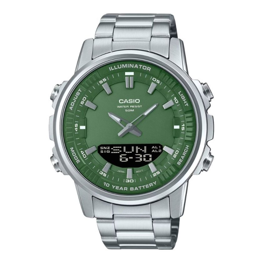 CASIO クォーツ 腕時計 アナデジ ライトグリーン 本体 箱付き カシオ 腕時計 メンズ アナデジ メタル 10年電池 防水 ステンレス