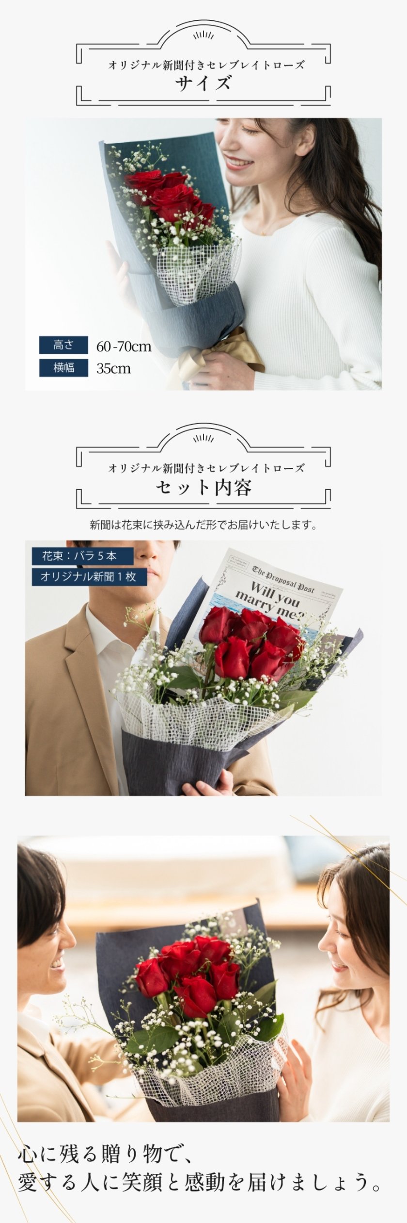バラの花束 5本 プロポーズ新聞付き 大輪セレブレイトローズ5本