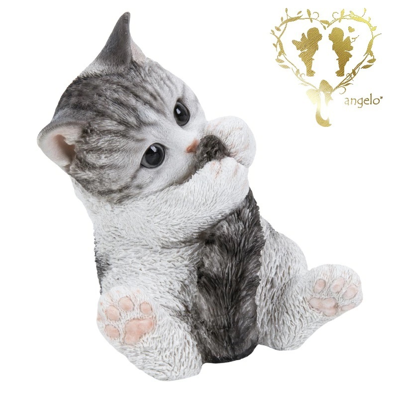 しっぽで遊ぶサバトラ白猫 置物【父の日】CAT リビング、 玄関