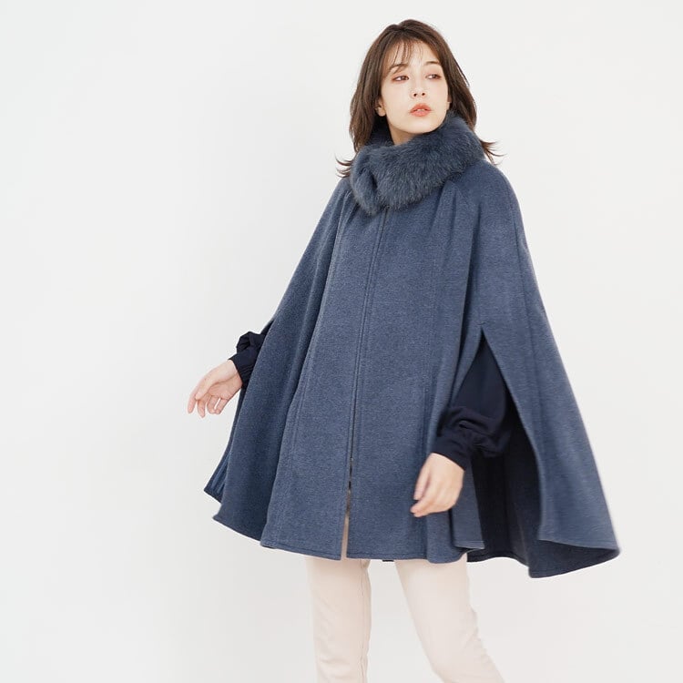 カシミヤ ブレンド ウール ケープ フォックス ファー トリミング 