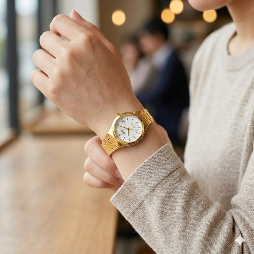 CASIO カシオ レディース 腕時計 収納ケース付き ゴールド ホワイト デイト表示 シンプル 時計 仕事用 女性用 海外モデル 誕生日 プレゼント ギフト 就職祝い 還暦祝い 成人 卒業 入学 - ペアウォッチ ノップル - プレゼント ギフトの