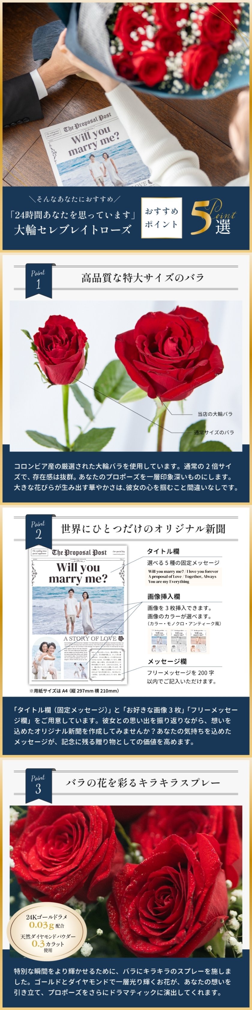 バラの花束 40本 プロポーズ新聞付き 大輪セレブレイトローズ40本