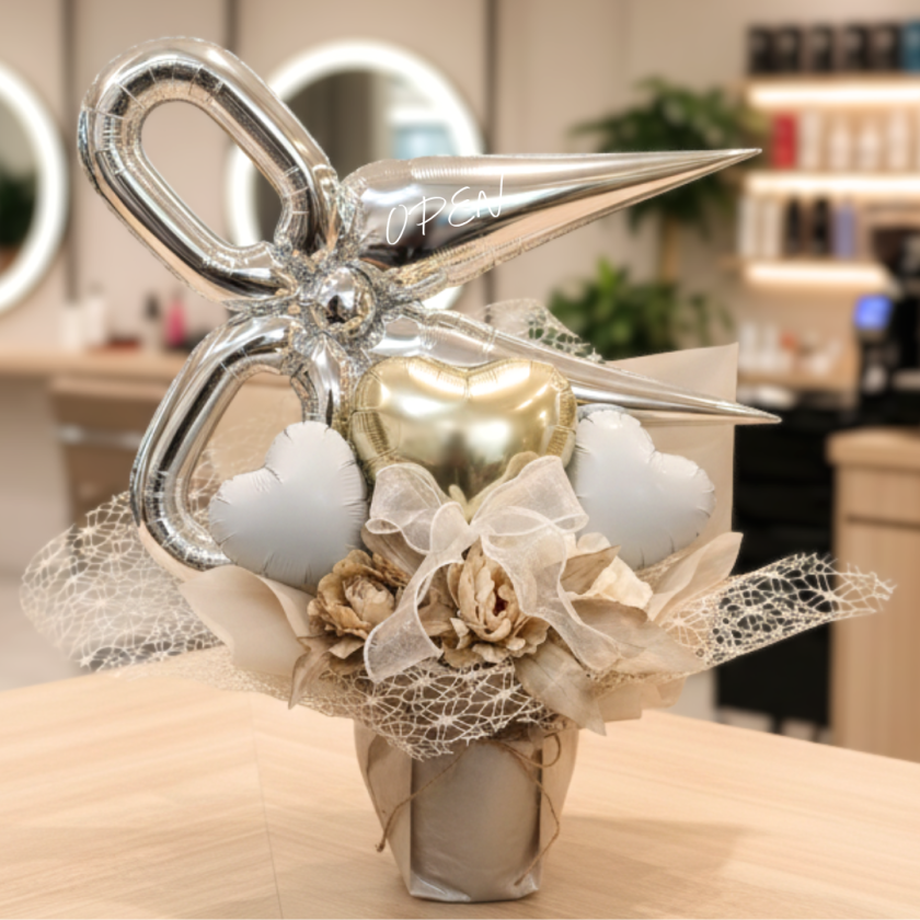美容室開店祝い・周年祝い】（はさみHEARTバルーンギフト）名入れ無料