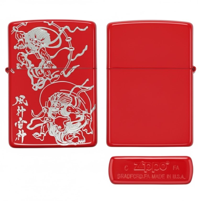 Zippo 2RED-風神雷神 レッド 日本伝統デザイン 浮世絵 和柄 高級感