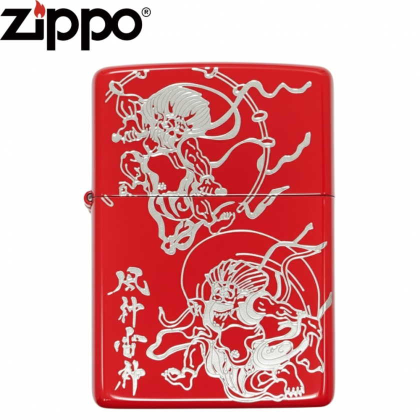 火雷神② Zippo 2RED-風神雷神 レッド 日本伝統デザイン 浮世絵 和柄 高級感