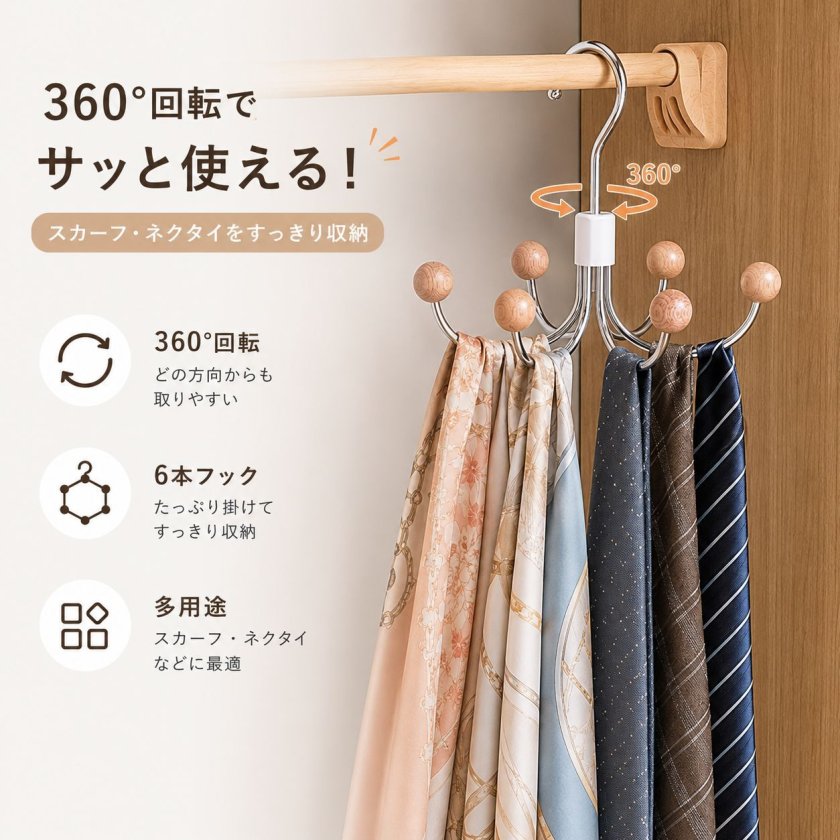2個セット】360°回転収納フック 6連ハンガーフック 木製ボール付き
